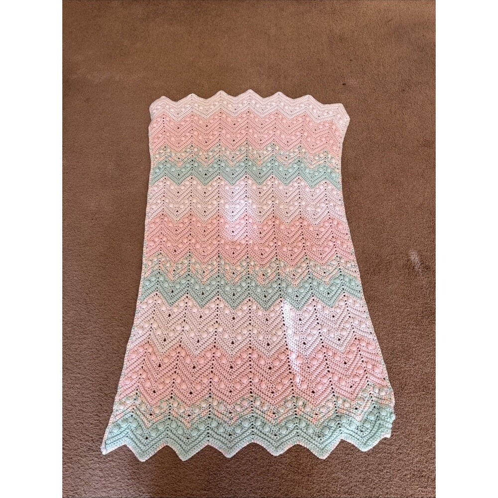 Vintage Crochet Knit Afghan Blanket Baby Infant Pink Handmade Variegated 50”x30”